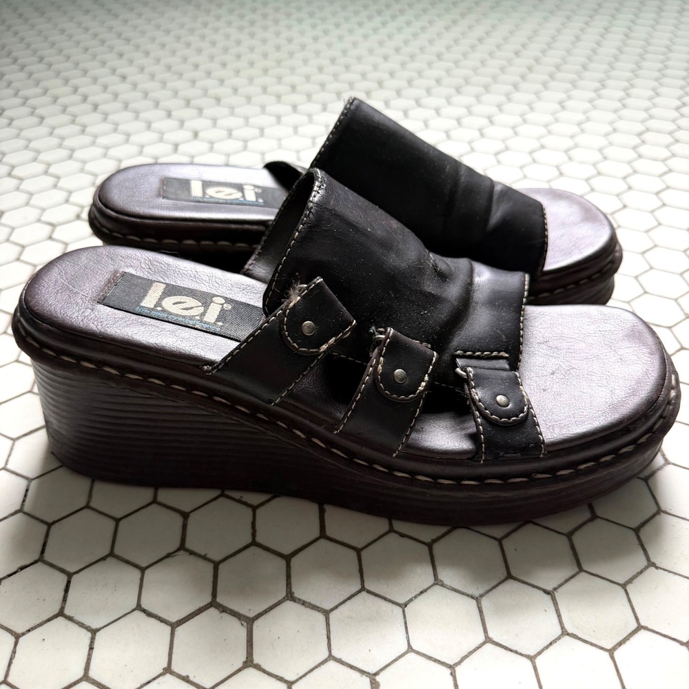 l.e.i. Y2K Chunky Platform Wedge Sandals Dark Brown Slide Stella Mules 8.5
